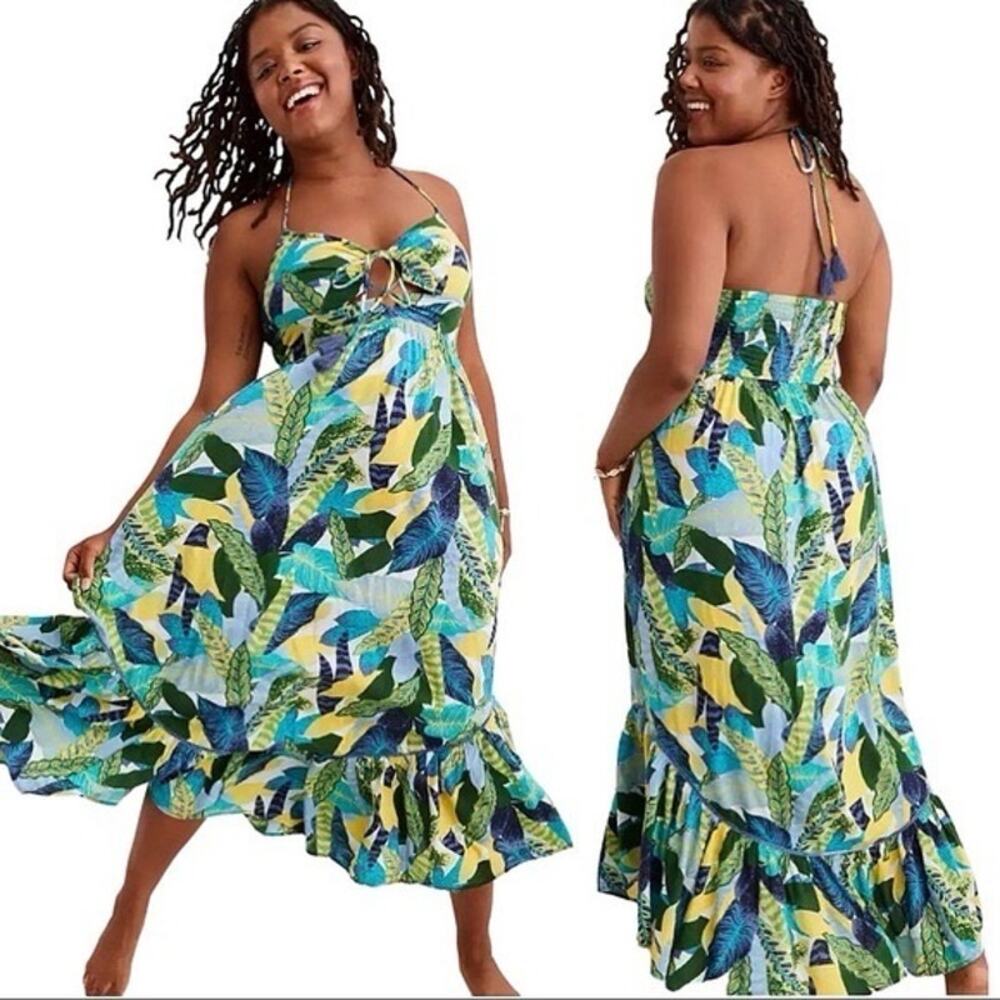 Aerie Paradise Palm Green Blue Halter Cutout Maxi Dress Size Large